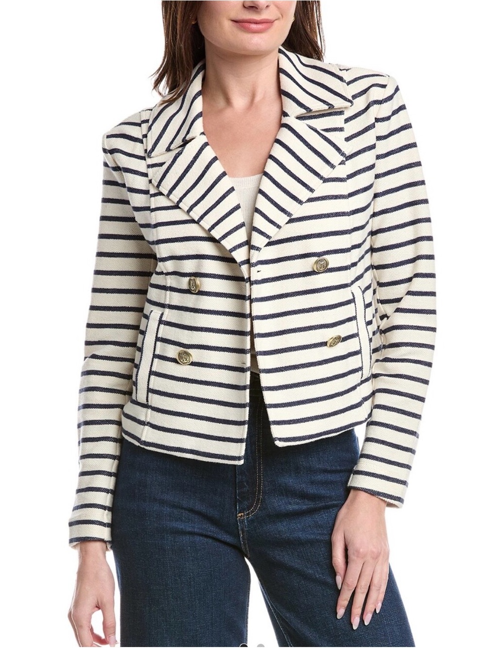 Cabi Even Keel Jacket. Double-Breasted Cream and Navy Women's Blazer